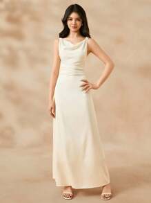 SHEIN Teen Girl Adolescent Elegant Wedding Flower Girl Dress, Champagne Satin Tank Dress For Big Girls, Luxurious Fashion Slit Fishtail Princess Dress For Youth - Apricot - View 6