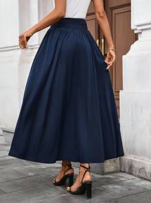 Chiquease Saia Longa Elegante Cintura Alta Modelo A-Line, Design de Saia Bufante para Mulheres, Novo Lançamento de Verão - Azul Marinho - Visão 2