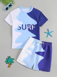 Tween Boy Letter Print Raglan Sleeve T-Shirt And Swim Trunks 2 Piece Set