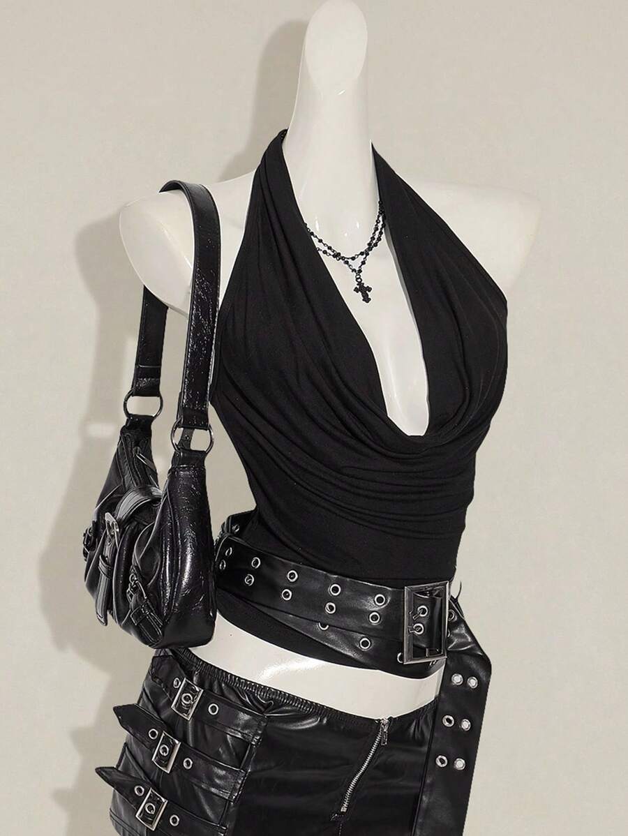 SHEIN ICON Women's Plunge Neck Sleeveless Y2K Sexy Top, Fashionable Solid Color Fall Women Clothes - Black - View 1