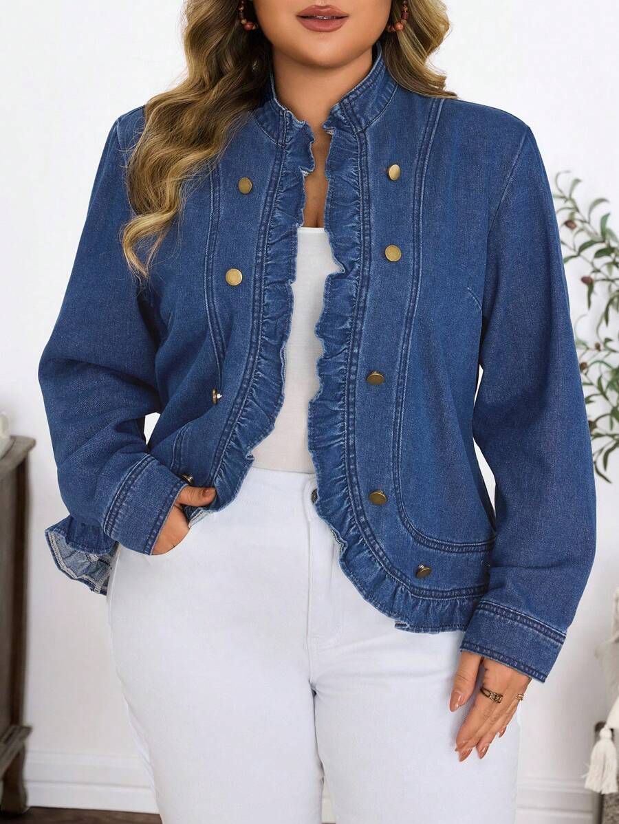 SHEIN Plus Size Casual Vacation Washed Plain Denim Jacket - Medium Wash - View 1