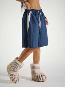 StreetHx Women's Letter Graphic Drawstring Waist Contrast Color Casual Shorts - Royal Blue - View 3