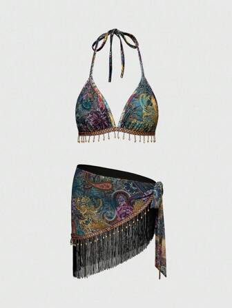 Hippie Women's Retro Hippie Western Music Festival Beaded Fringe Hem Paisley Print Tie Bikini 2 Pieces Swimsuit Set