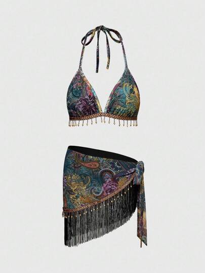 Hippie Ensemble de bikini 2 pièces pour femmes avec imprimé cachemire, franges perlées et style hippie rétro, idéal pour un festival de musique western