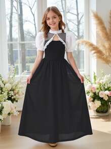 SHEIN 女童纯色针织拼布泡泡袖修身迷你连衣裙 - 黑色 - 查看 1