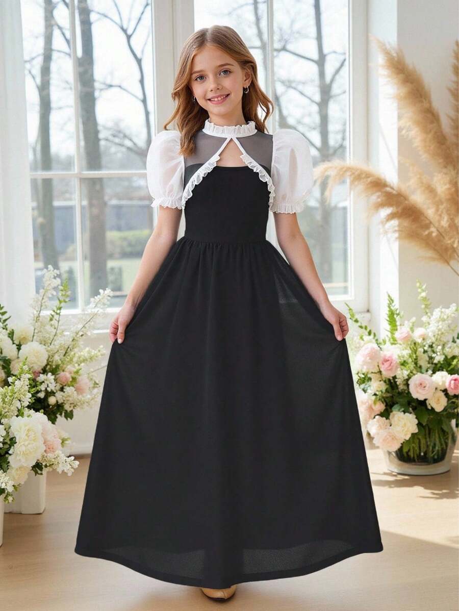 SHEIN Vestido mini entallado de unicolor con mangas abullonadas y parches de punto para niñas preadolescentes - Negro - Ver 1
