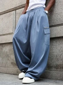 Manfinity Hypemode Pantalones casuales sueltos con bolsillos con solapa para hombres - Celeste - Ver 4