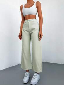 SHEIN Cottnline 100%纯棉高腰阔腿牛仔裤 - 薄荷綠 - 查看 5