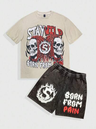 Goth Herren Lässig T-Shirt mit Totenkopf-Muster, Rundhalsausschnitt, Kurzarm und Shorts, Sommer
