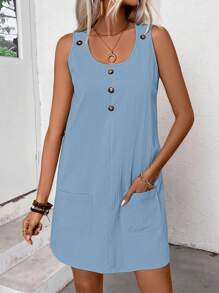 EMERY ROSE Casual Solid Color Sleeveless Dress With 2 Pockets - Baby Blue - View 6