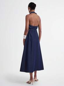 Daynim 露背挂脖无袖 A 字形原色牛仔中长连衣裙 - 深色水洗藍 - 查看 2