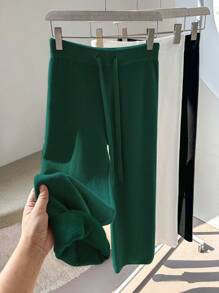 Franclia New Women High Waist Tie-Up Casual Straight Leg Wide Leg Pants, Thickened Thermal Lined Knitted Wool Trousers Knitted Sweater Clothes For University - Dark Green - View 4