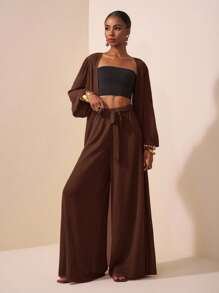 Zivah New All-Match Simple Beach/Bohemian/Bohemian Women's Clothing/Women's Festival Clothing/Carnival/Easter Women's Clothing/Old Money Style Women's Clothing/Country Concert Clothing/Going Out Clothing/Fairy Style/Festival Clothing/Women's Western Clothing/Tropical Vacation Women's Clothing Casual White Women's Two-Piece House Clothing Fashion Casual Lantern Sleeve Cardigan Top + Wide Leg Pants/Baggy Pants/Flowy Pants/Wide Leg Pants/ Brown Two Piece Set Women - Brown - View 3