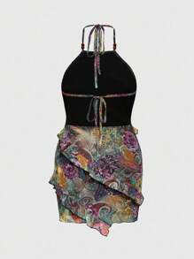 ROMWE Hippie Robe moulante pour femmes à imprimé fleur de cajou et rose de style rétro Y2K grande taille - Multicolore - Voir 2