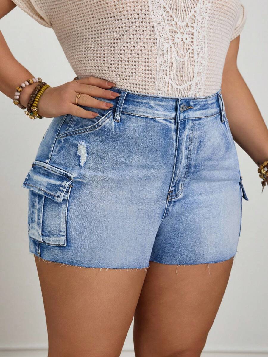 EMERY ROSE Plus Size Women's Summer Lilac Denim Ripped Hem Shorts - Medium Wash - View 1
