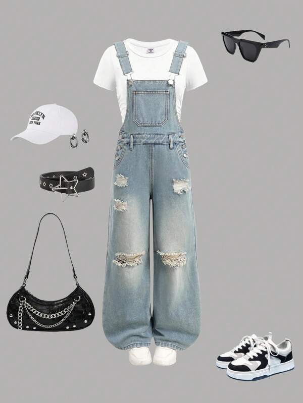 SHEIN Tween Girls Summer Beach Boho Light Washed Slant Pocket Vintage Cut Out Ripped Frayed Design Denim Overall Jumpsuit For Romper Without Tee,Girls Summer Casual Concert Rave Outfits Graduation Outfit,Everyday Wear