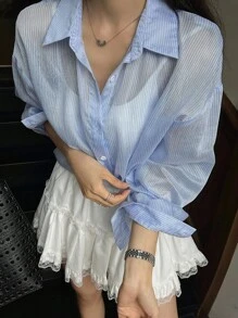 DAZY Women Striped Drop Shoulder Long Sleeve Single-Breasted Casual Regular Jacket Women Coats - Blue - View 5