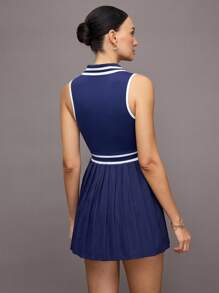 Activina 女式条纹 Polo 领无袖褶边运动连衣裙 - 藏蓝色 - 查看 2