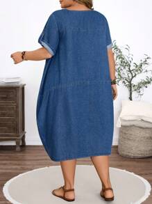 EMERY ROSE Plus Size Women's Denim Pocket Dress For Summer - Dark Wash - View 2