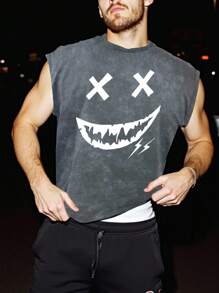 Manfinity EMRG Casual Ghost Face Print Washed Men Tank Top - Black - View 4
