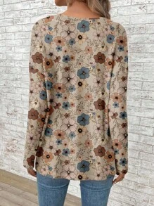 EMERY ROSE Retro Floral Print Casual Loose Fit Women Plus Size Long Sleeve T-Shirt, Suitable For Summer Fall Clothes
