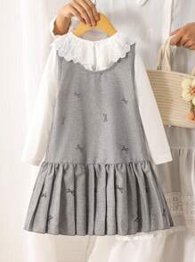 Genkimix Kids 2pcs Young Girl Sweet Cute Solid Color Lace Trim + Bow Print Sleeveless Ruffle Hem Dress, Autumn/Winter Fall - White - View 2