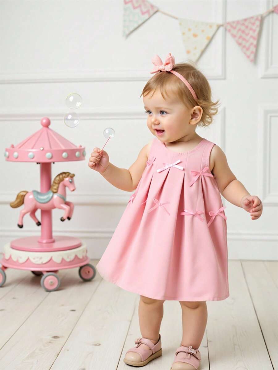 Souflis Souflis 女婴休闲韩版可爱纯色蝴蝶结褶皱无袖梭织连衣裙，夏季 - 粉色 - 查看 1