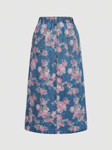 SHEIN MOD 大码女式碎花口袋开衩休闲牛仔裙，秋季，返校季，复古甜美粉玫瑰印花开衩长款牛仔裙，度假女装，优雅女裙，商务休闲，乡村音乐会，返校季，教师，节日，老钱风格女装，早午餐，高贵典雅，端庄铅笔裙，秋季 - 中等水洗藍 - 查看 2