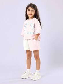 SUMWON Girls California Social Club Crop Top Two Tone Shorts Co-Ord Set Casual Summer Athletic Outfit For Kids