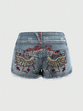 Hippie Shorts vaqueros de cintura baja estilo vintage lavado con bordados de alas y cruces, estilo Y2K
