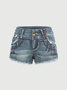 ROMWE Hippie Y2K Style Wing & Cross Embroidery Vintage Washed Low Waist Denim Shorts - Baby Blue - View 2