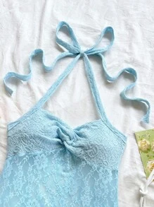 Soleia 新款度假露背镂空金属装饰蕾丝拼布针织纹理女装连衣裙，适合音乐节、毕业季、下午茶、蓝色蕾丝连衣裙、露背连衣裙 - 藍色 - 查看 6