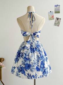 Soleia 女士热带植物印花露背性感迷你连衣裙