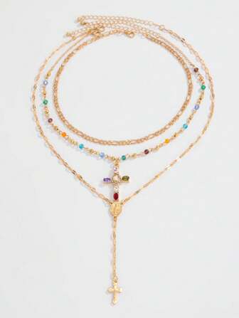 Fairycore 1pc Women's Boho Vacation Style Multi-Layer Asymmetrical Stone Bead Sun Pendant Necklace