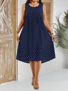 EMERY ROSE Vestido de vacaciones de mujer de talla grande con estampado de lunares, cuello redondo y sin mangas, Conjuntos de vacaciones de mujer, Atuendos de verano para mujer, Ropa de oficina, Atuendos de vacaciones de mujer, Atuendos de verano para mujer Festival Bohemio, Atuendo de vacaciones