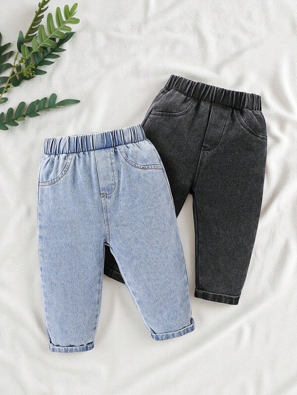 SHEIN Vintaside Kids Baby Boy 2pcs Fashion Long Denim Pants, Suitable For Home, Outdoor & Camping, Autumn/Winter
