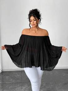 SHEIN Elenzya 大码女式纯色褶皱露肩蝙蝠袖宽松时尚衬衫 - 黑色 - 查看 4