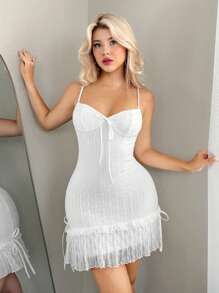 Sweetina Textured Adjustable Strap White Mini Dress, Suitable For Vacation, Casual & Home Wear Fall - Apricot - View 5