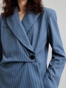 Ontre Estilo Estocolmo, Atuendos para maestras para mujeres, Ropa de mujer para el otoño, Nuevo lanzamiento 2025 Chaqueta con solapa plegable asimétrica de tela a rayas, Blazer de traje de mujer, Ropa de abrigo casual para primavera/verano - Azul - Ver 5