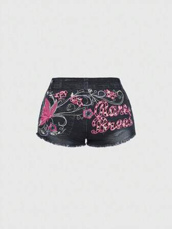 Fairycore Shorts di jeans attillati a vita bassa Y2K con ricamo di farfalle e effetto delavato