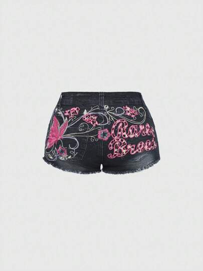 Fairycore Y2K Butterfly Embroidered Distressed Washed Low-Waist Skinny Denim Shorts