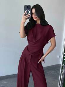 Firerie Women's Elegant Commuter Wrap Bustier Corset Top And Flare Leg Pants - Burgundy - View 6