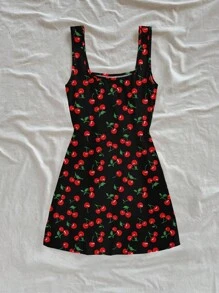Soleia 女式露背 U 领樱桃印花迷你连衣裙，夏季 - 黑色 - 查看 2