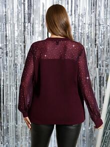SHEIN Clasi Plus Size Women Solid Mesh Insert Rhinestone Strap Elegant Long Sleeve Blouse Glittery Top,Fall Clothes For Women - Burgundy - View 2