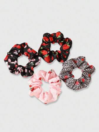 Kawaii 4pcs Cherry Print Sweet & Lovely Hair Scrunchies For Girls, Versatile For Daily Life & Outdoor Use, Women Hair Accessories