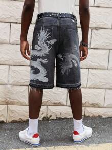 ROMWE MEN Street Life Men's Gothic Washed Cross Dragon Print Denim Shorts, Halloween - Black - View 3