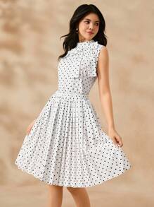 2pcs/Set Teen Girls Polka Dot Bow Tie Sleeveless Top + A-Line Polka Dot Print Waist Pleated Dress, Elegant Outfit For Teenage Flower Girl, Bridesmaid, Birthday Party, Gatherings