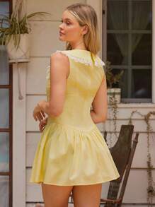 WESTFADE 100% Cotton & Floral Lace Collared Scoop Neck Sleeveless Drop Waist Ruffle Mini Dress,Pale Yellow Summer Cute Picnic Boho Nashville Country Outfit - Yellow - View 5