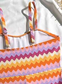 年轻女孩度假波浪条纹分体泳衣（含短裤） - 彩色 - 查看 4