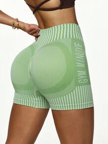 Dewbera 条纹印花松紧腰紧身短裤，夏季运动健身短裤